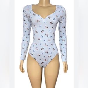Victorias Secret PINK Cotton Long Sleeve Bodysuit Shirt Top Light Blue Floral